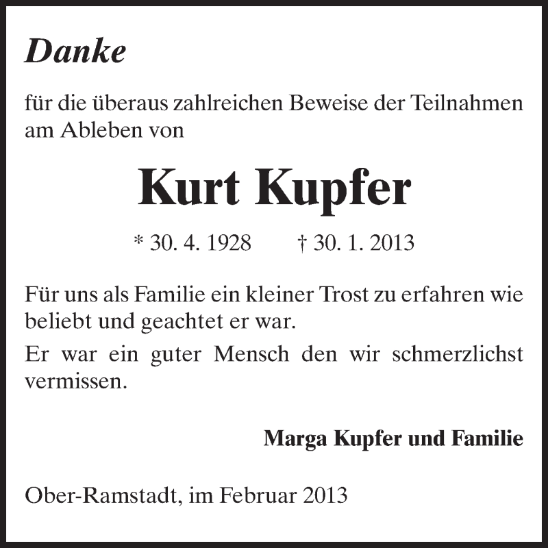  Traueranzeige für Kurt Kupfer vom 23.02.2013 aus Echo-Zeitungen (Gesamtausgabe)