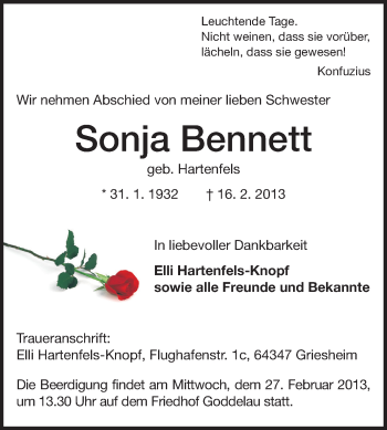 Traueranzeige von Sonja Bennett von Echo-Zeitungen (Gesamtausgabe)
