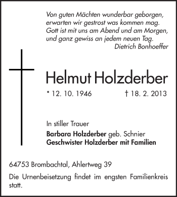 Traueranzeige von Helmut Holzderber von Echo-Zeitungen (Gesamtausgabe)