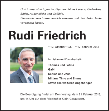 Traueranzeige von Rudi Friedrich von Rüsselsheimer Echo, Groß-Gerauer-Echo, Ried Echo