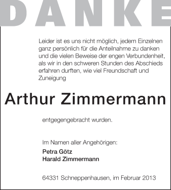 Traueranzeige von Arthur Zimmermann von Echo-Zeitungen (Gesamtausgabe)