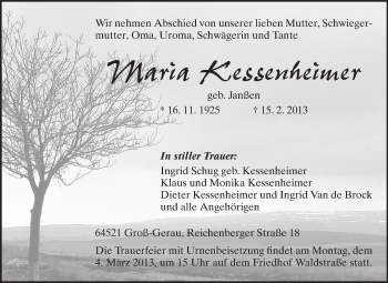 Traueranzeige von Maria Kessenheimer von Rüsselsheimer Echo, Groß-Gerauer-Echo, Ried Echo