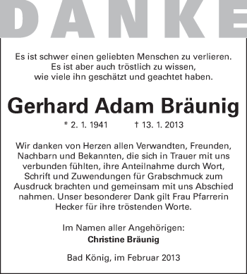 Traueranzeige von Gerhard Adam Bräunig von Odenwälder Echo
