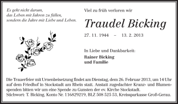 Traueranzeige von Traudel Bicking von Echo-Zeitungen (Gesamtausgabe)