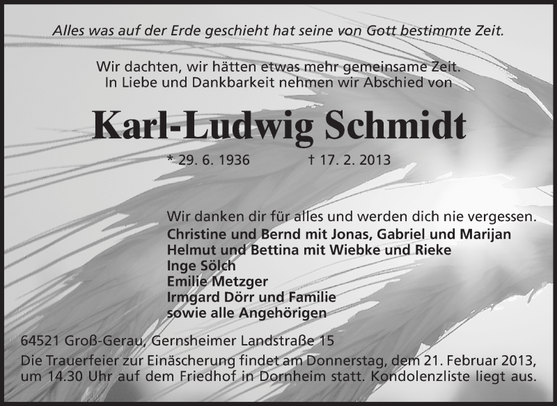  Traueranzeige für Karl-Ludwig Schmidt vom 20.02.2013 aus Rüsselsheimer Echo, Groß-Gerauer-Echo, Ried Echo