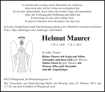 Traueranzeige von Helmut Maurer von Echo-Zeitungen (Gesamtausgabe)