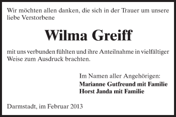Traueranzeige von Wilma Greiff von Echo-Zeitungen (Gesamtausgabe)