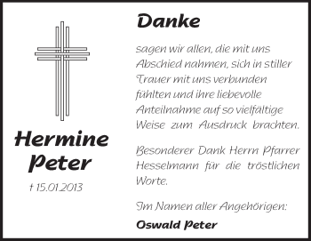 Traueranzeige von Hermine Peter von Echo-Zeitungen (Gesamtausgabe)