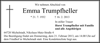 Traueranzeige von Emma Trumpfheller von Odenwälder Echo