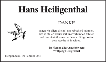 Traueranzeige von Hans Heiligenthal von Starkenburger Echo