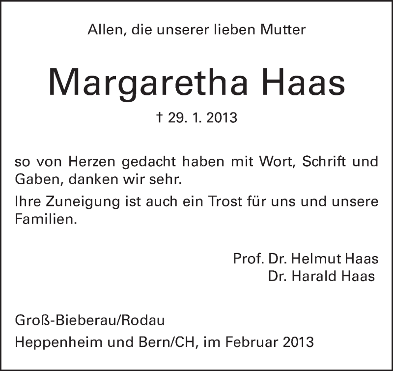  Traueranzeige für Margaretha Haas vom 23.02.2013 aus Echo-Zeitungen (Gesamtausgabe)