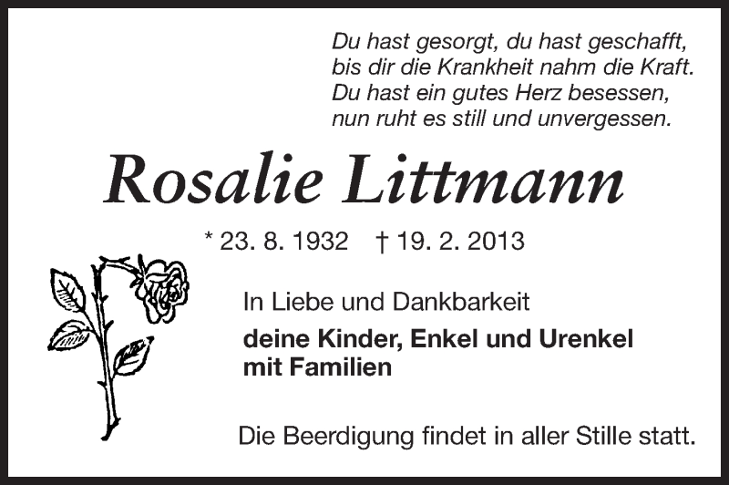  Traueranzeige für Rosalie Littmann vom 20.02.2013 aus Echo-Zeitungen (Gesamtausgabe)