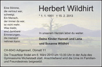 Traueranzeige von Herbert Wildhirt von Odenwälder Echo