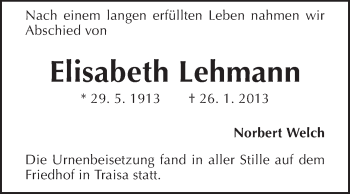 Traueranzeige von Elisabeth Lehmann von Echo-Zeitungen (Gesamtausgabe)