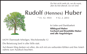 Traueranzeige von Rudolf Huber von Echo-Zeitungen (Gesamtausgabe)