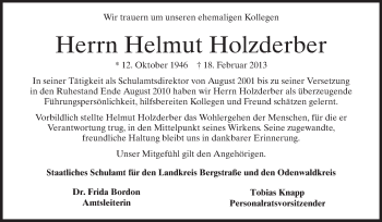 Traueranzeige von Helmut Holzderber von Starkenburger Echo