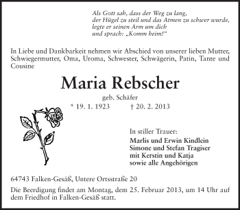 Traueranzeige von Maria Rebscher von Odenwälder Echo
