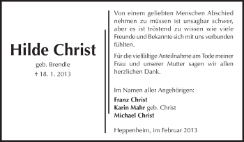 Traueranzeige von Hilde Christ von Starkenburger Echo