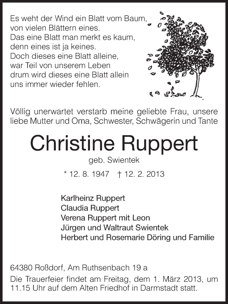  Traueranzeige für Ruppert Christine vom 23.02.2013 aus Echo-Zeitungen (Gesamtausgabe)