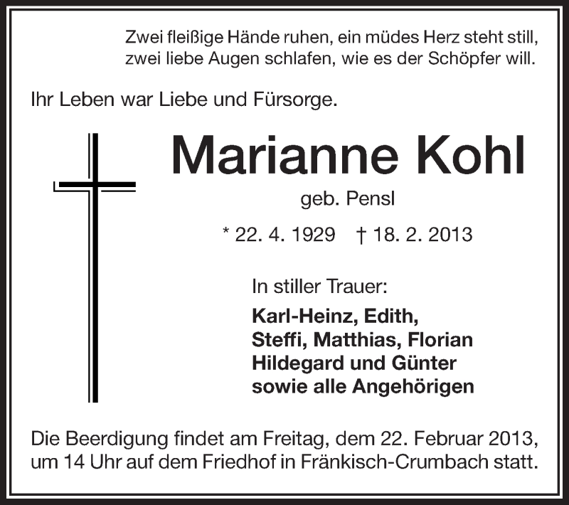  Traueranzeige für Marianne Kohl vom 21.02.2013 aus Odenwälder Echo