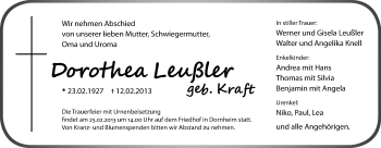 Traueranzeige von Dorothea Leußler von Rüsselsheimer Echo, Groß-Gerauer-Echo, Ried Echo