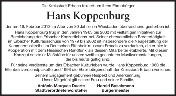 Traueranzeige von Hans Koppenburg von Odenwälder Echo