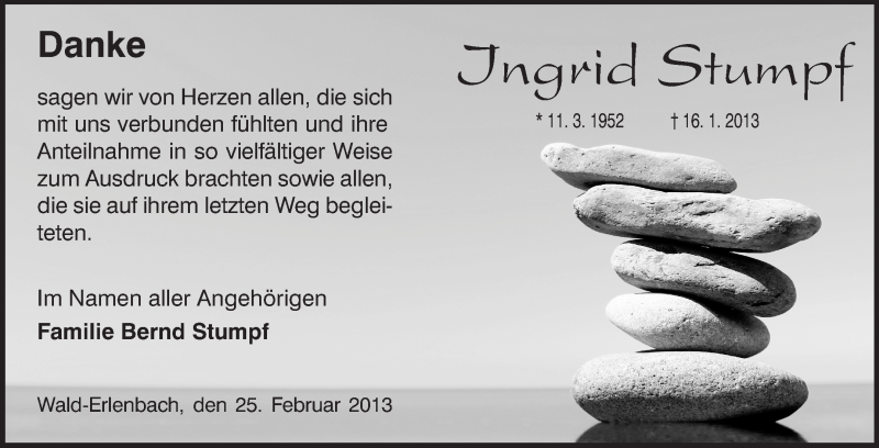  Traueranzeige für Ingrid Stumpf vom 25.02.2013 aus Starkenburger Echo