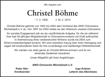 Traueranzeige von Christel Böhme von Odenwälder Echo