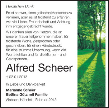 Traueranzeige von Alfred Scheer von Echo-Zeitungen (Gesamtausgabe)