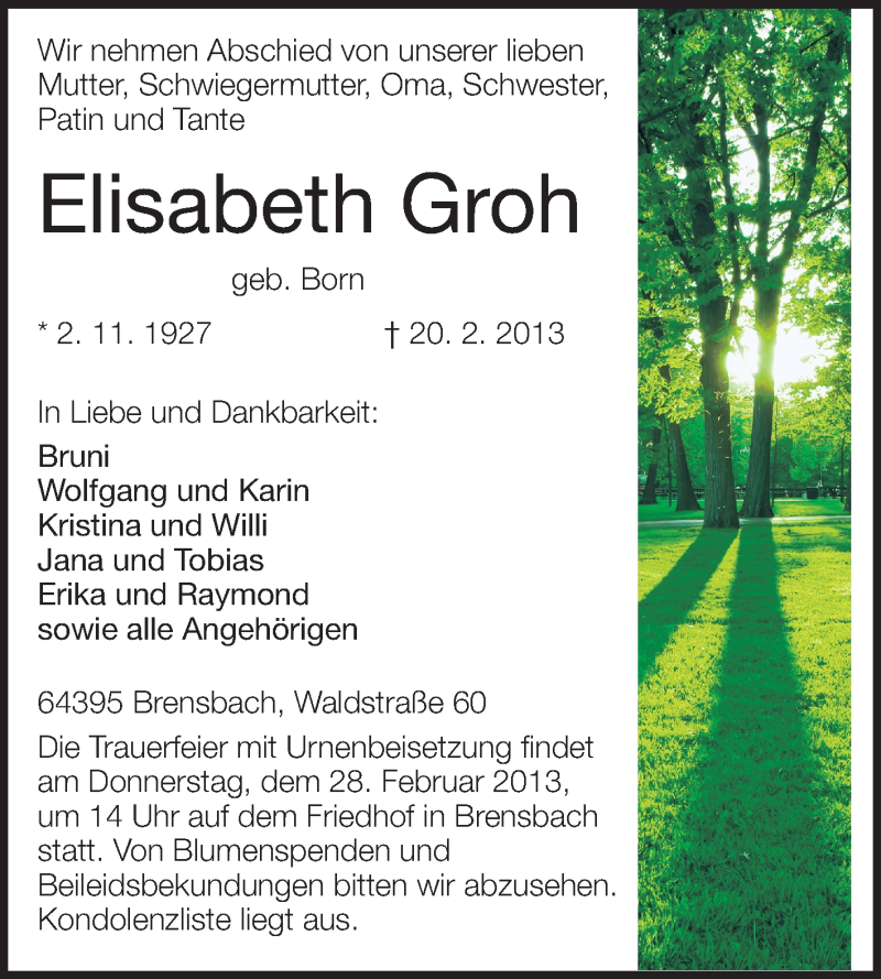  Traueranzeige für Elisabeth Groh vom 23.02.2013 aus Echo-Zeitungen (Gesamtausgabe)