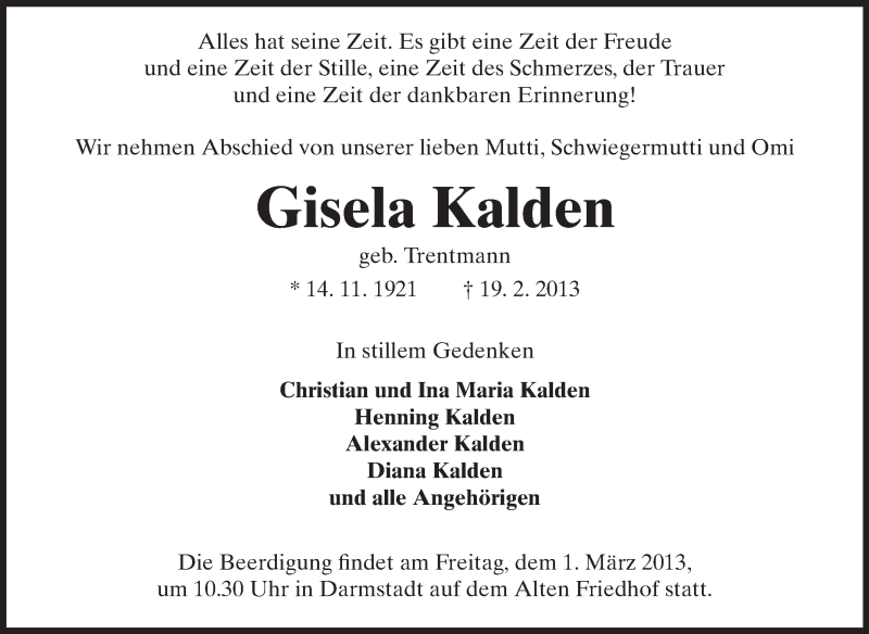  Traueranzeige für Gisela Kalden vom 23.02.2013 aus Echo-Zeitungen (Gesamtausgabe)