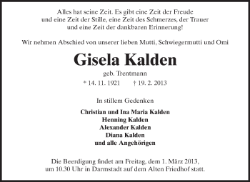 Traueranzeige von Gisela Kalden von Echo-Zeitungen (Gesamtausgabe)