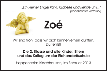Traueranzeige von Zoe  von Starkenburger Echo, Bergsträßer Anzeiger