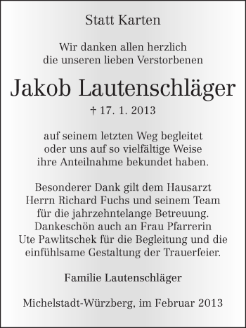 Traueranzeige von Jakob Lautenschläger von Odenwälder Echo