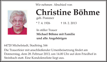 Traueranzeige von Christel Böhme von Odenwälder Echo