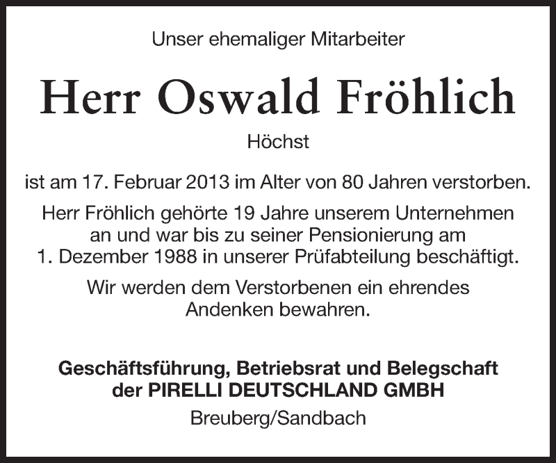  Traueranzeige für Oswald Fröhlich vom 22.02.2013 aus Odenwälder Echo
