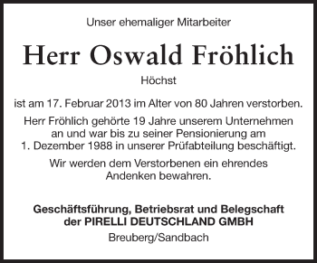 Traueranzeige von Oswald Fröhlich von Odenwälder Echo
