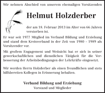 Traueranzeige von Helmut Holzderber von Odenwälder Echo