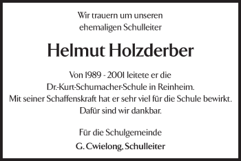 Traueranzeige von Helmut Holzderber von Echo-Zeitungen (Gesamtausgabe)