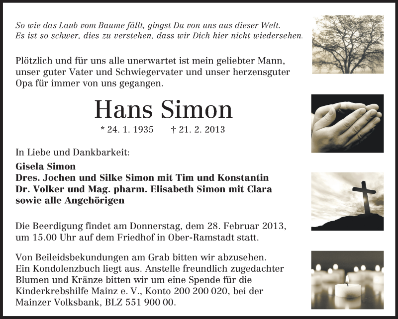  Traueranzeige für Hans Simon vom 23.02.2013 aus Echo-Zeitungen (Gesamtausgabe)