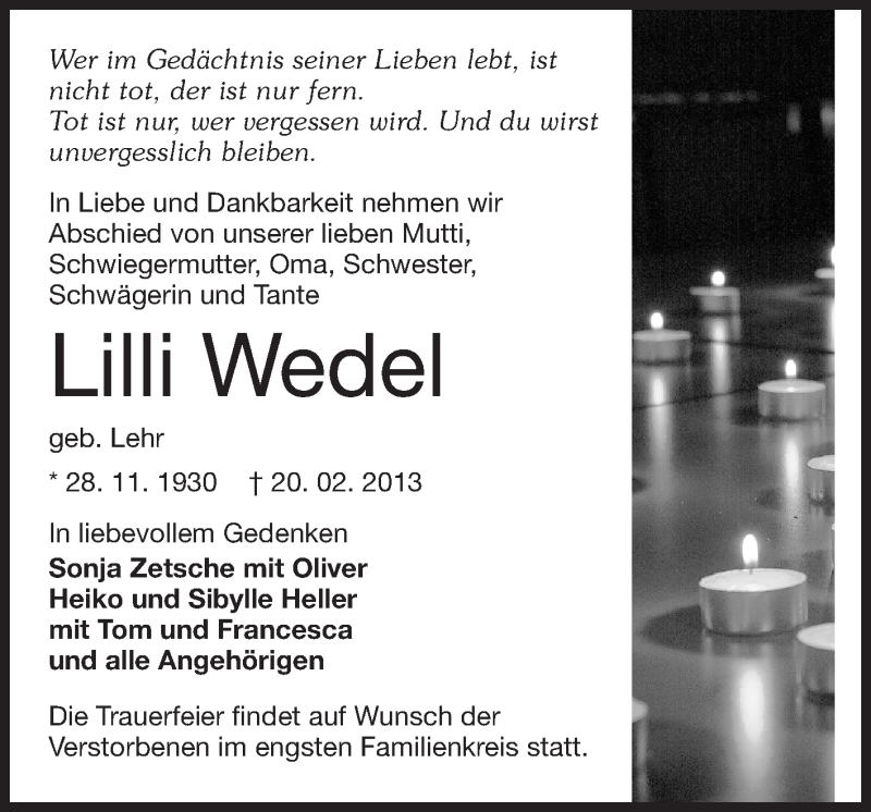  Traueranzeige für Lilli Wedel vom 23.02.2013 aus Echo-Zeitungen (Gesamtausgabe)