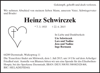 Traueranzeige von Heinz Schwirczek von Echo-Zeitungen (Gesamtausgabe)