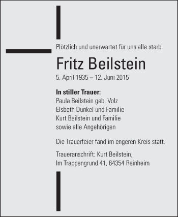 Traueranzeige von Fritz Beilstein von Echo-Zeitungen (Gesamtausgabe)