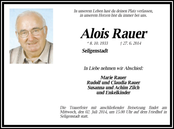 Traueranzeige von Alois Rauer von Offenbach