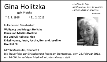 Traueranzeige von Gina Holitzka von Odenwälder Echo