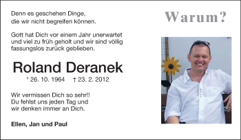 Traueranzeige von Roland Deranek von Echo-Zeitungen (Gesamtausgabe)