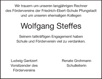 Traueranzeige von Wolfgang Steffes von Darmstädter Echo, Odenwälder Echo, Rüsselsheimer Echo, Groß-Gerauer-Echo, Ried Echo