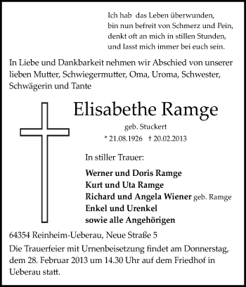Traueranzeige von Elisabethe Ramge von Echo-Zeitungen (Gesamtausgabe)