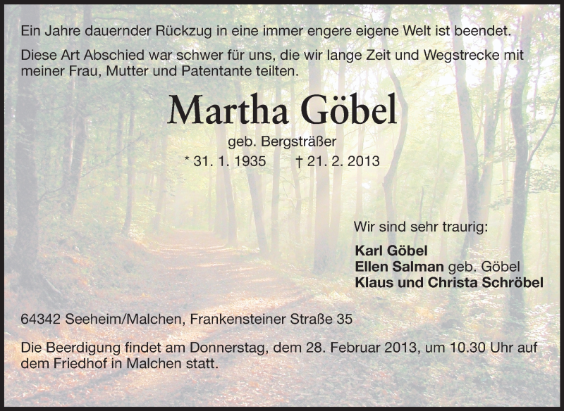  Traueranzeige für Martha Göbel vom 25.02.2013 aus Echo-Zeitungen (Gesamtausgabe)