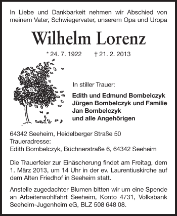 Traueranzeige von Wilhelm Lorenz von Echo-Zeitungen (Gesamtausgabe)